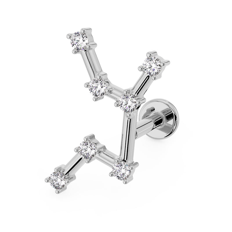14k white gold Virgo constellation flat back labret with CZ stones, angled view showing post and disc