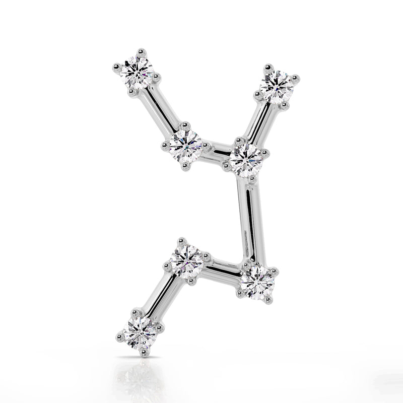 14k white gold Virgo constellation flat back earring with CZ, front view showing full star pattern