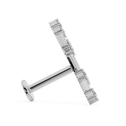 Side profile of 14k white gold Virgo constellation labret showing post length and flat back disc