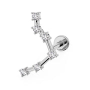 14k white gold Libra constellation flat back labret with CZ stars, angled front view showing round flat back disc