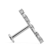 Side profile of 14k white gold Libra constellation labret showing flat back post and stone settings