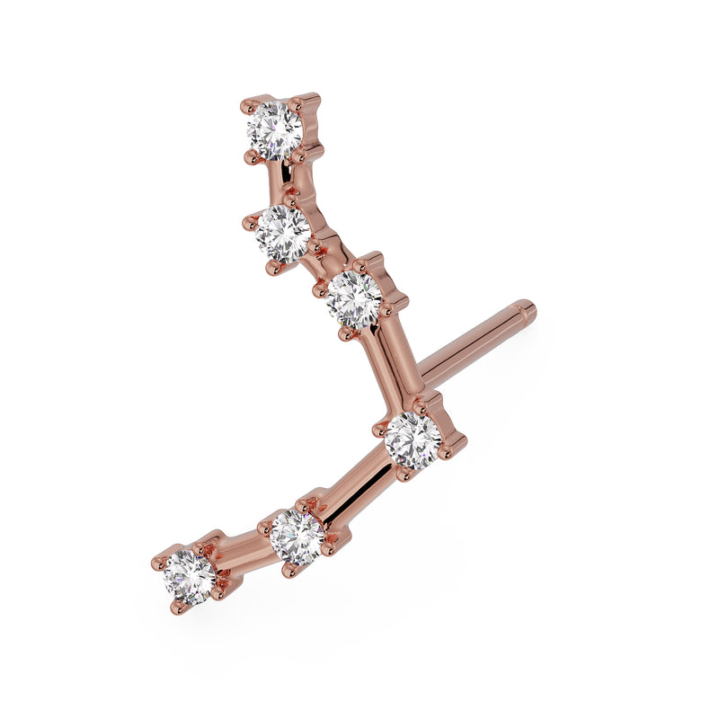 14k rose gold Libra constellation stud earring with CZ stars, angled side view