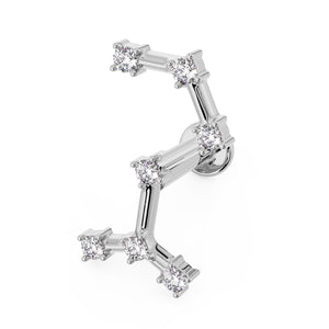 14k white gold Scorpio constellation flat back labret earring with CZ stones, angled view