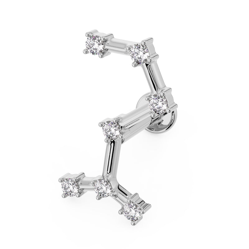 14k white gold Scorpio constellation flat back labret earring with CZ stones, angled view