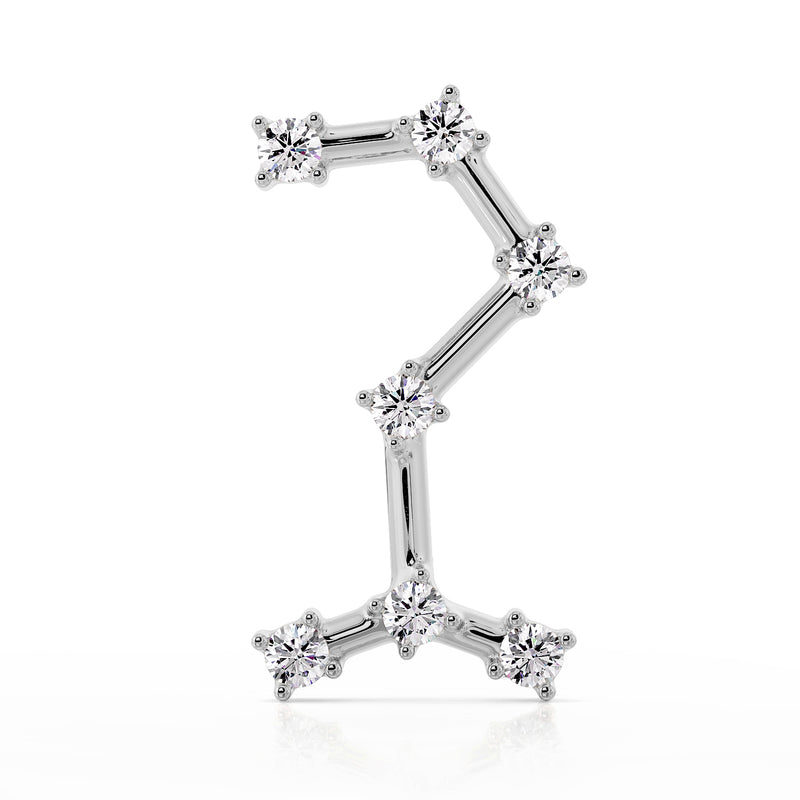 14k white gold Scorpio constellation cartilage earring, straight-on front view showing CZ star pattern