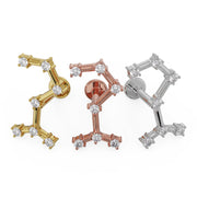 Scorpio constellation flat back earring shown side by side in 14k yellow, rose, and white gold