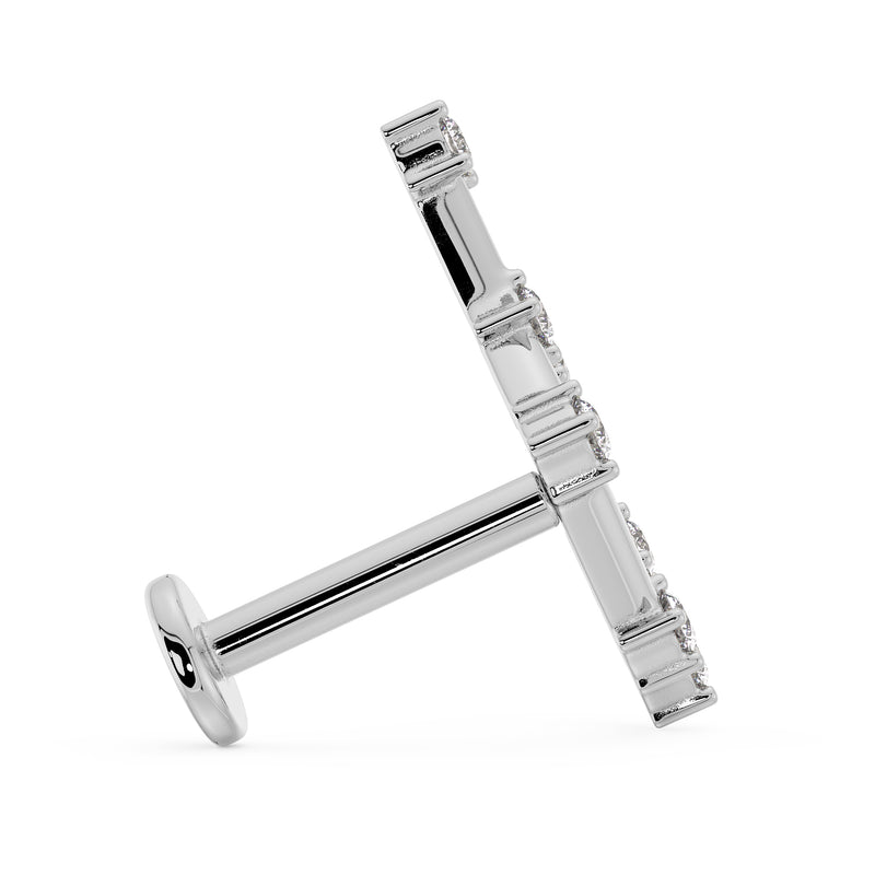 Side profile of Sagittarius 14k white gold flat back labret showing post length and flat disc backing