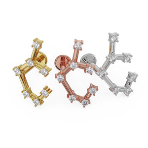 Sagittarius constellation flat back earring in all three metal colors: 14k yellow, rose, and white gold