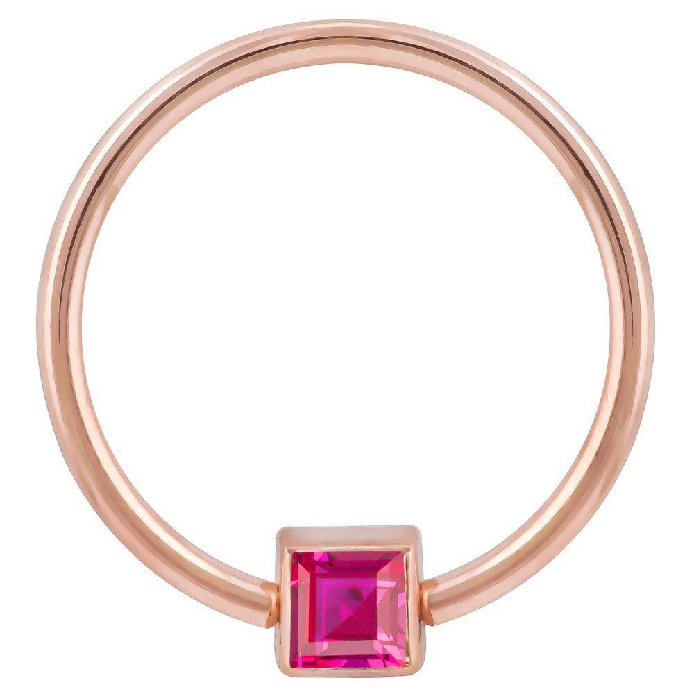 Red Cubic Zirconia Princess Cut 14k Gold Captive Bead Ring-14K Rose Gold   12G (2.0mm)   3 4" (19mm)