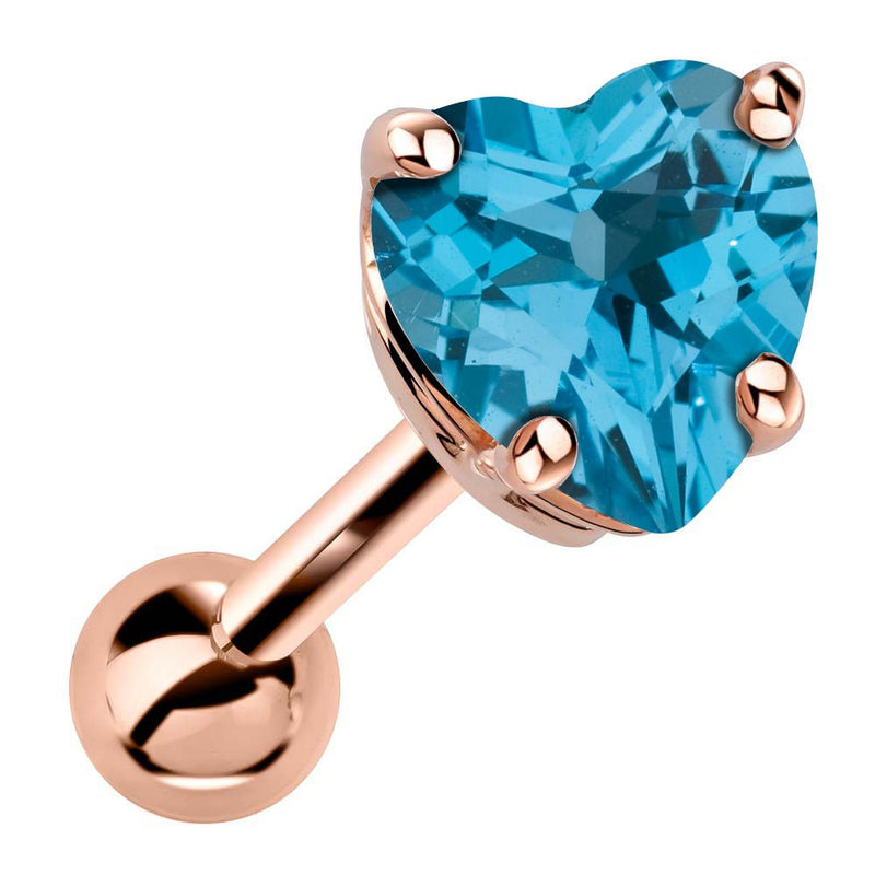 14k rose gold heart cartilage stud with genuine blue topaz in 4-prong basket setting, angled view