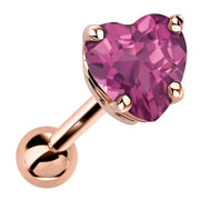 14k rose gold heart cartilage stud with genuine tourmaline, hot pink stone in 4-prong basket setting