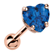 14k rose gold heart cartilage stud with genuine sapphire, deep blue stone in 4-prong basket setting