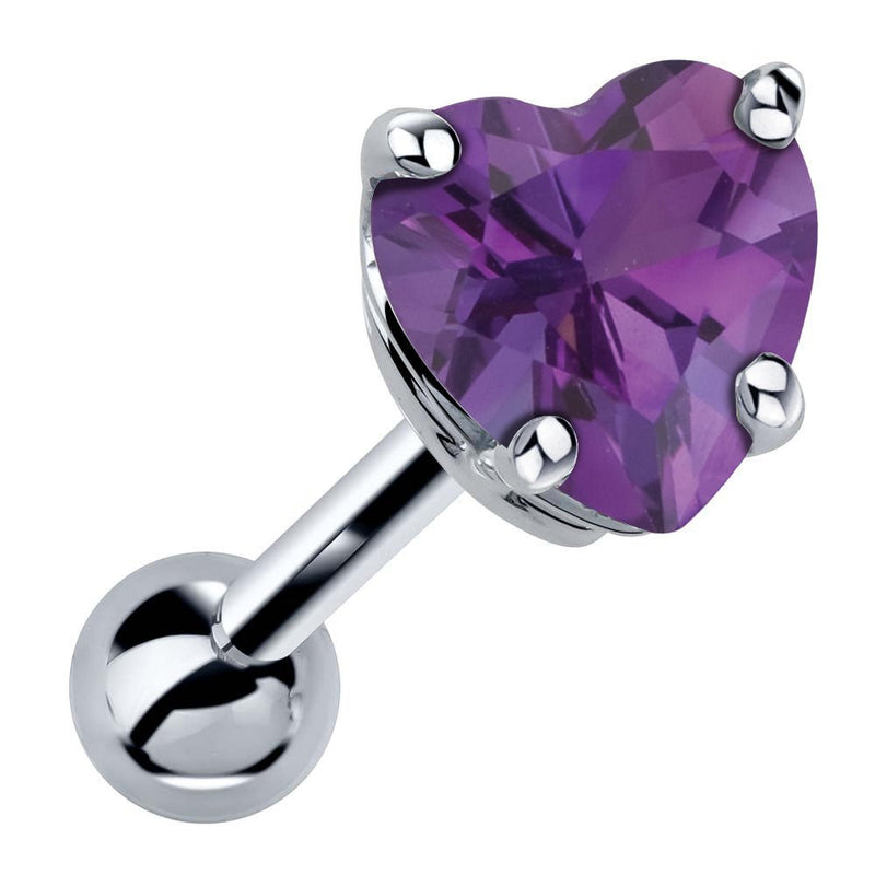 14k white gold heart cartilage stud with genuine amethyst, purple stone in 4-prong basket setting