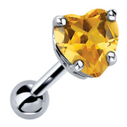 14k white gold heart cartilage stud with genuine citrine, golden yellow stone in 4-prong basket setting