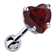 14k white gold heart cartilage stud with genuine garnet, deep red stone in 4-prong basket setting