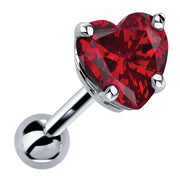 14k white gold heart cartilage stud with genuine ruby, vivid red stone in 4-prong basket setting