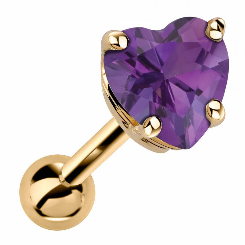 14k yellow gold heart cartilage stud with genuine amethyst, deep purple stone in 4-prong basket setting