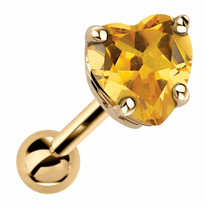 14k yellow gold heart cartilage stud with genuine citrine, golden yellow stone in 4-prong basket setting