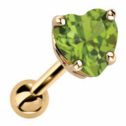 14k yellow gold heart cartilage stud with genuine peridot, bright green stone in 4-prong basket setting