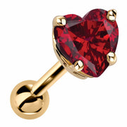 14k yellow gold heart cartilage stud with genuine ruby, vivid red stone in 4-prong basket setting