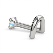 14k white gold diamond twist nose ring, alternate side view showing curved twist post shape from rear angle