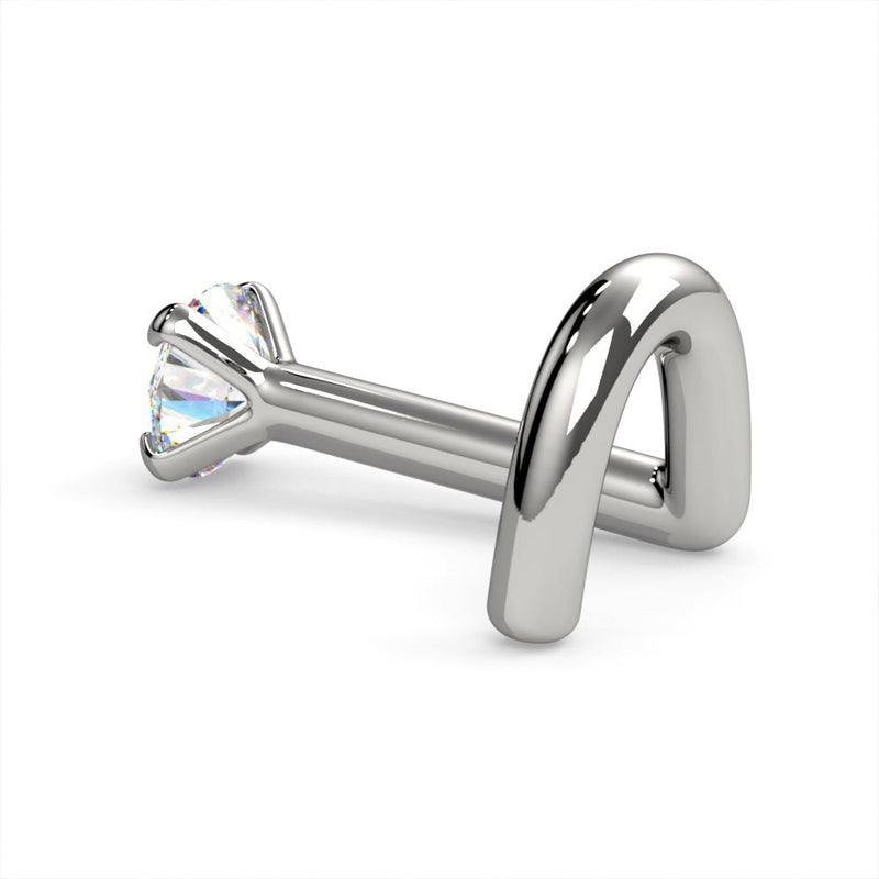 14k white gold diamond twist nose ring, alternate side view showing curved twist post shape from rear angle