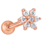14k rose gold CZ flower cartilage stud with all-clear CZ stones, angled product view
