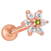 14k rose gold CZ flower cartilage stud with light green center CZ and clear petal stones
