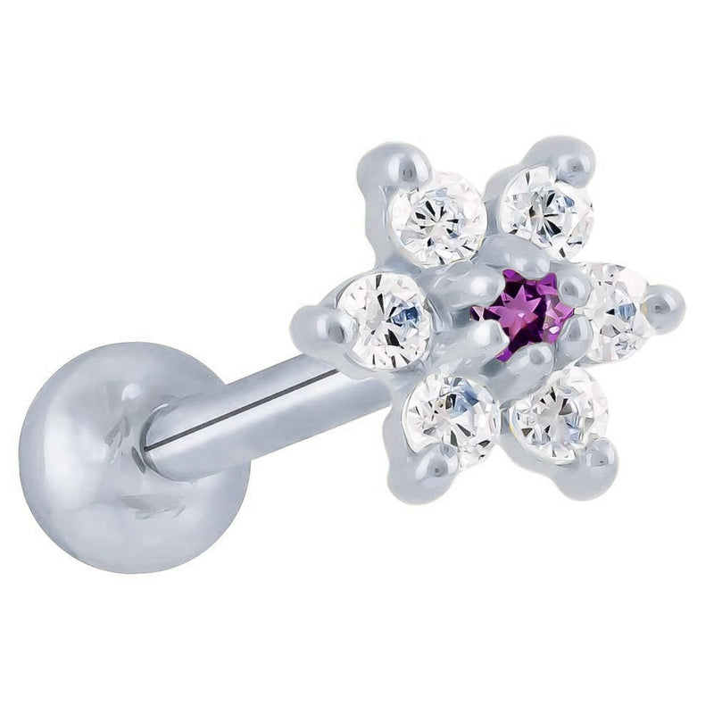 14k white gold CZ flower cartilage stud with purple center CZ and clear petal stones, angled view