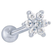 14k white gold CZ flower cartilage stud with all-clear CZ stones, angled product view