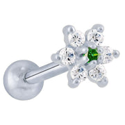 14k white gold CZ flower cartilage stud with dark green center CZ and clear surrounding petals