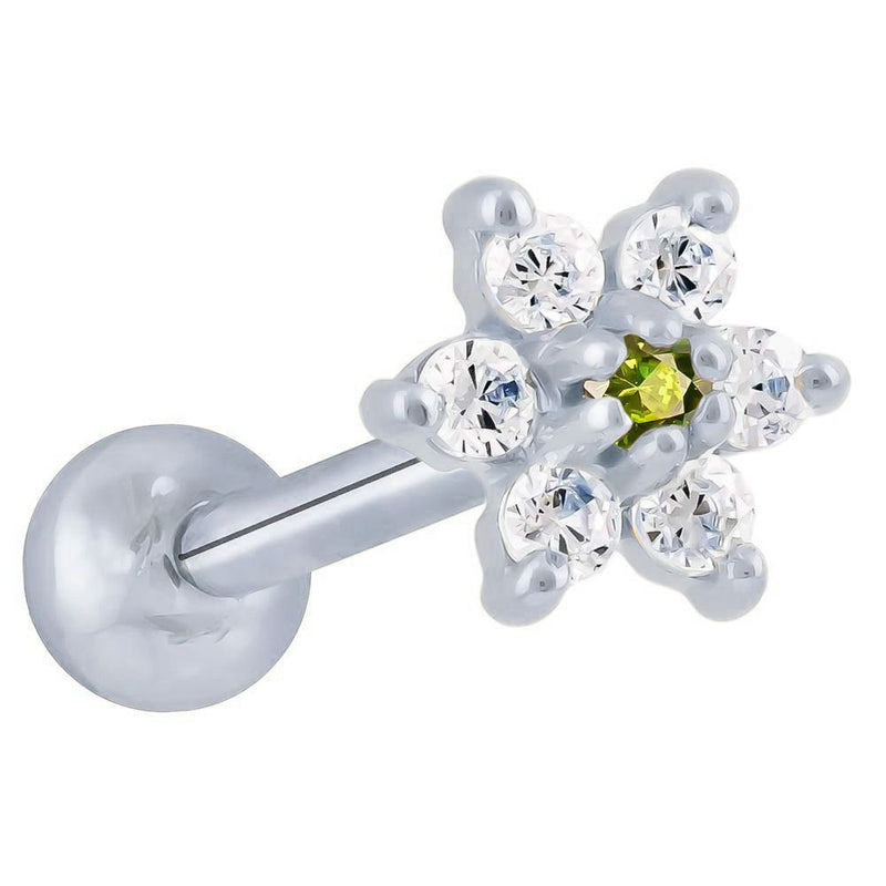 14k white gold CZ flower cartilage stud with light green center CZ and clear petal stones