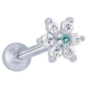 14k white gold CZ flower cartilage stud with light blue center CZ and clear surrounding petals