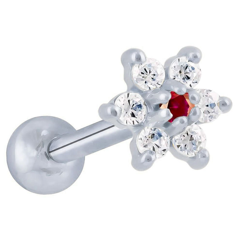 14k white gold CZ flower cartilage stud with dark red center CZ and clear petal stones