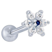 14k white gold CZ flower cartilage stud with dark blue center CZ and clear petal stones
