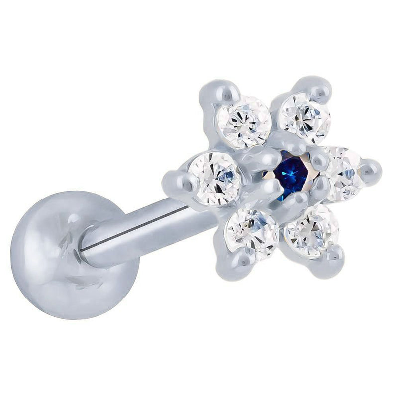 14k white gold CZ flower cartilage stud with dark blue center CZ and clear petal stones