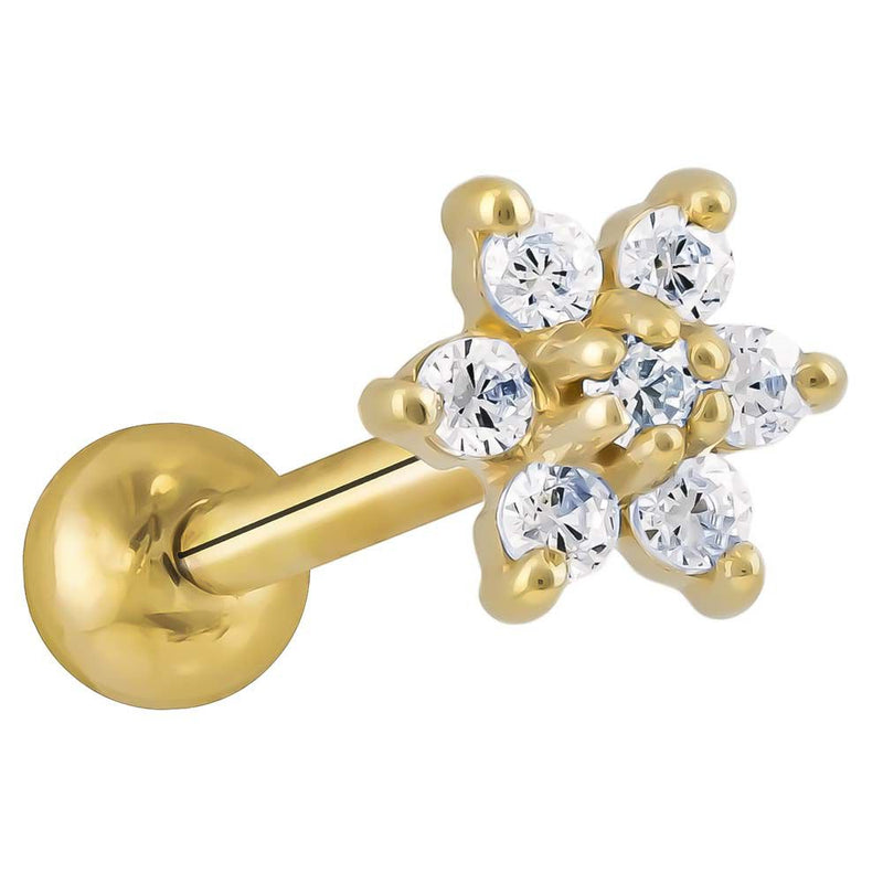14k yellow gold CZ flower cartilage stud with all-clear CZ stones, angled product view