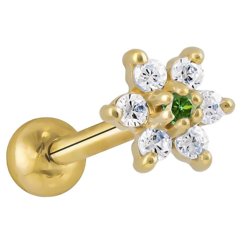 14k yellow gold CZ flower cartilage stud with dark green center CZ and clear petal stones, angled view