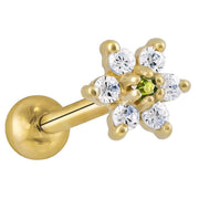 14k yellow gold CZ flower cartilage stud with light green center CZ and clear petal stones