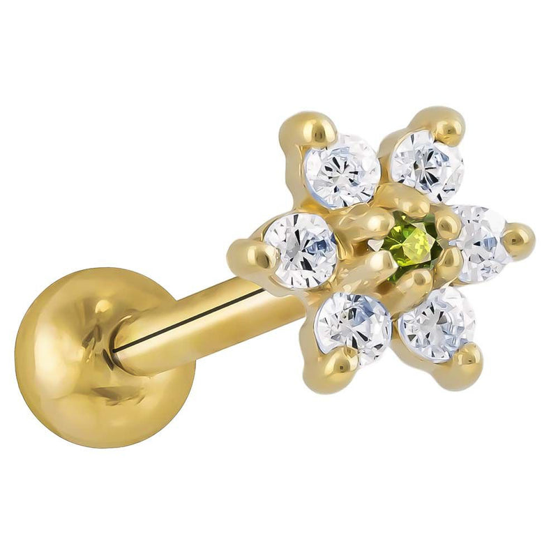 14k yellow gold CZ flower cartilage stud with light green center CZ and clear petal stones