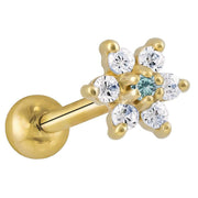 14k yellow gold CZ flower cartilage stud with light blue center CZ and clear petal stones