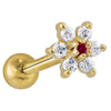 14k yellow gold CZ flower cartilage stud with dark red center CZ and clear surrounding petals