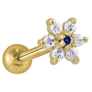 14k yellow gold CZ flower cartilage stud with dark blue center CZ and clear petal stones