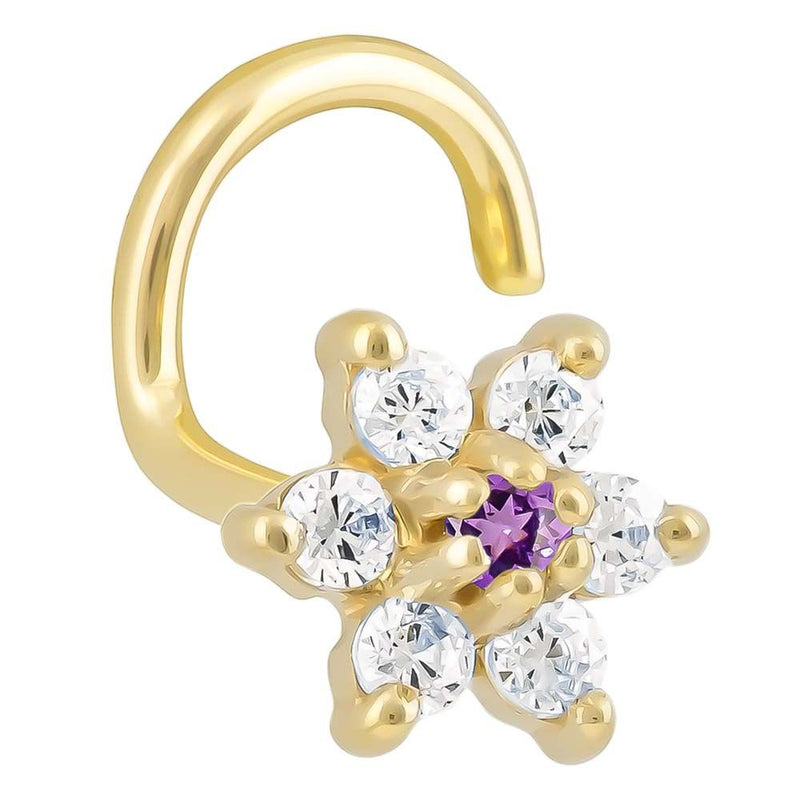 14K yellow gold CZ flower nose ring twist with purple amethyst center CZ, front angled view