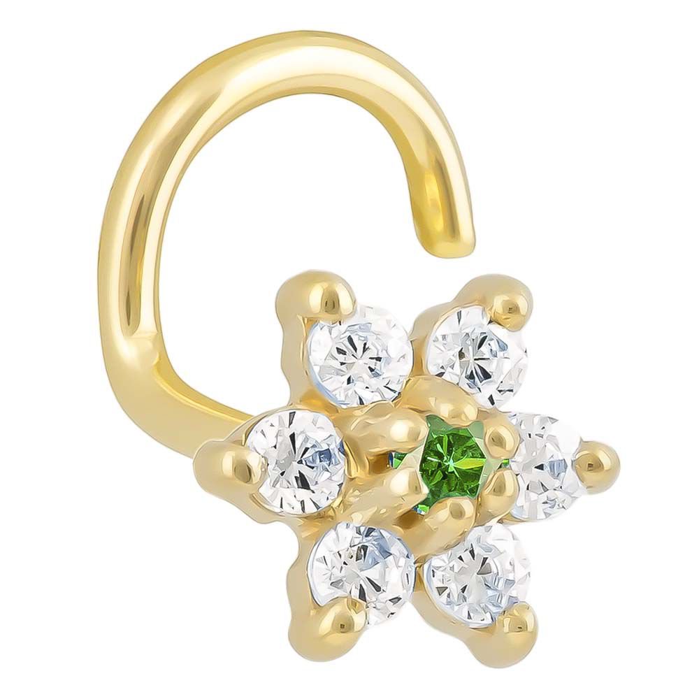 Cubic Zirconia Flower 14K Gold Nose Ring Twist-14K Yellow Gold   20G   Emerald CZ