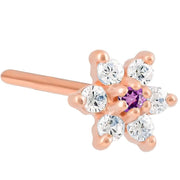 14K rose gold flower nose ring with purple amethyst CZ center and clear CZ petals, 20G
