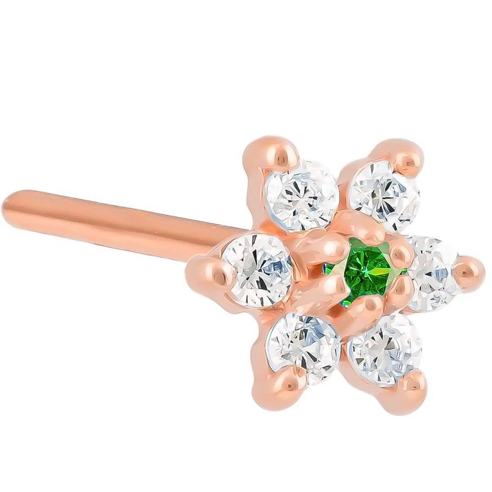 Cubic Zirconia Flower 14K Gold Pin Post Nose Ring-14K Rose Gold   20G   Emerald CZ