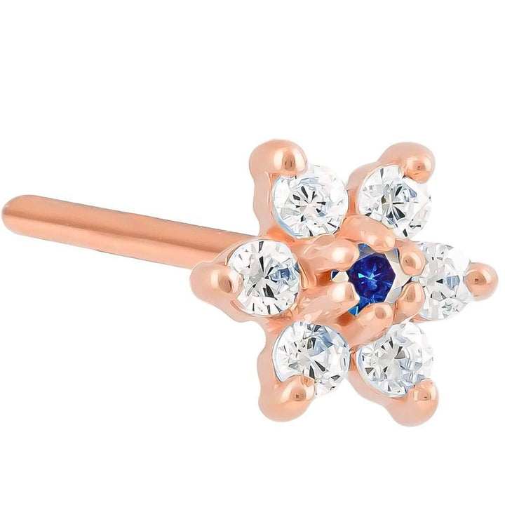Cubic Zirconia Flower 14K Gold Pin Post Nose Ring-14K Rose Gold   20G   Blue Sapphire CZ