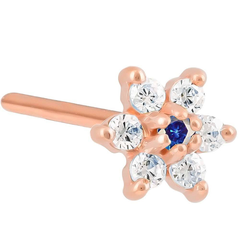 14K rose gold flower nose ring with deep blue sapphire CZ center, 20G pin post