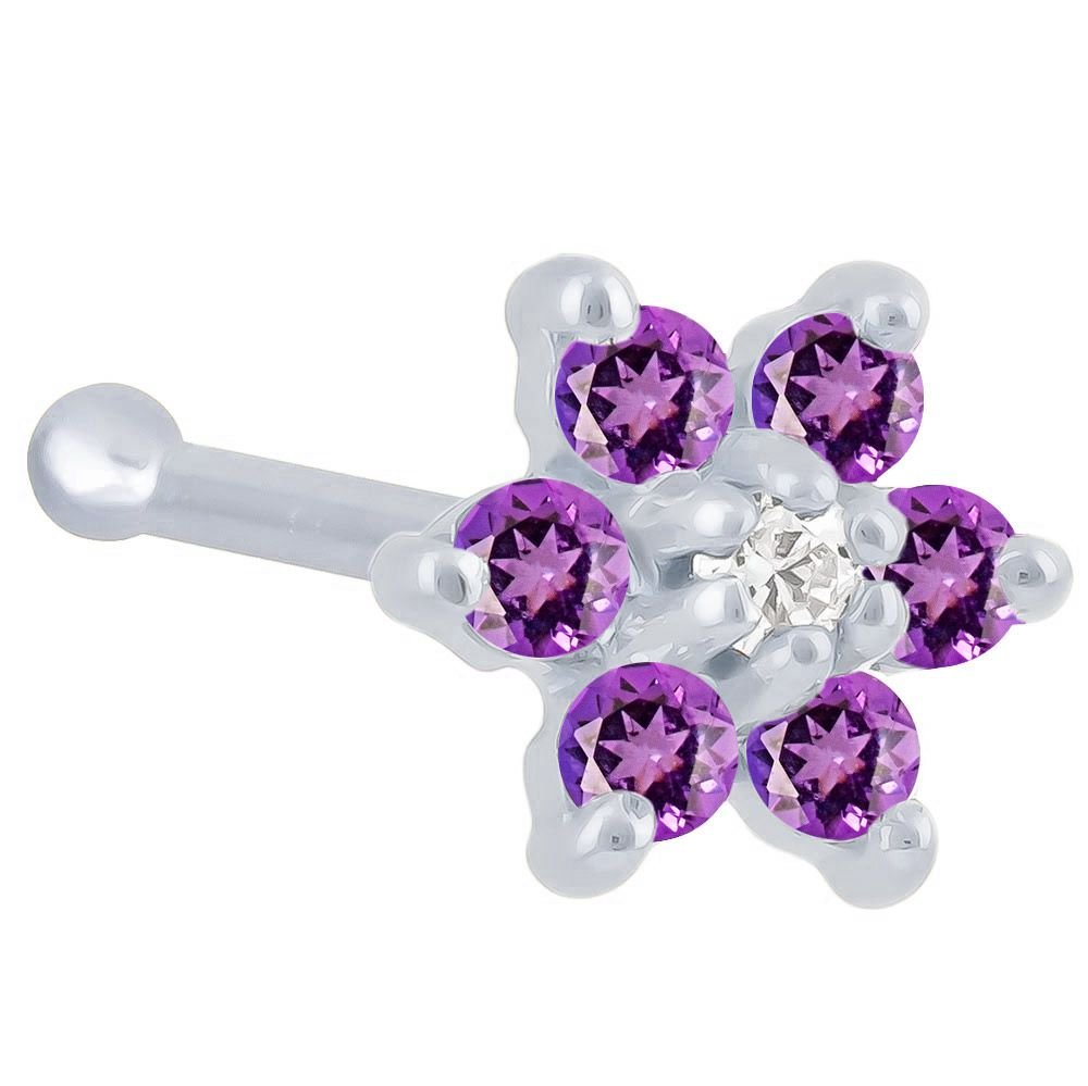 Colorful CZ Flower 14K Gold Nose Bone-14K White Gold   20G   Purple , Clear